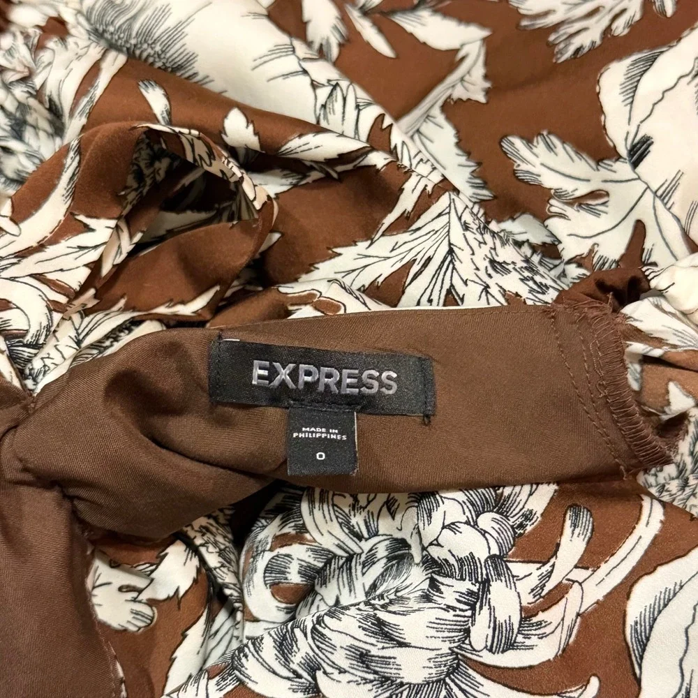 Express Womens Brown Floral Puff Sleeve Crop Top Tie Back Surplice Size 0 - Picture 14 of 14
